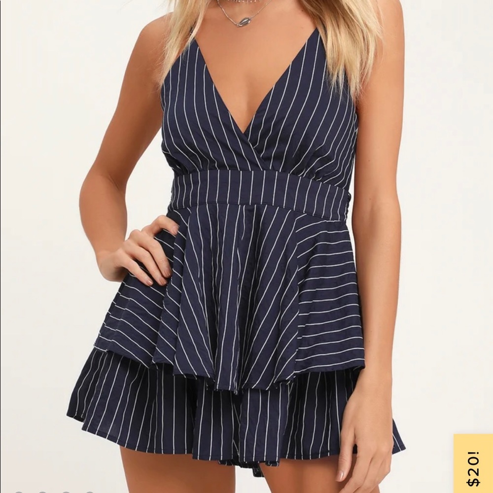 Lulu’s Ruffle and Flow Navy Blue Striped Backless Ruffle Romper